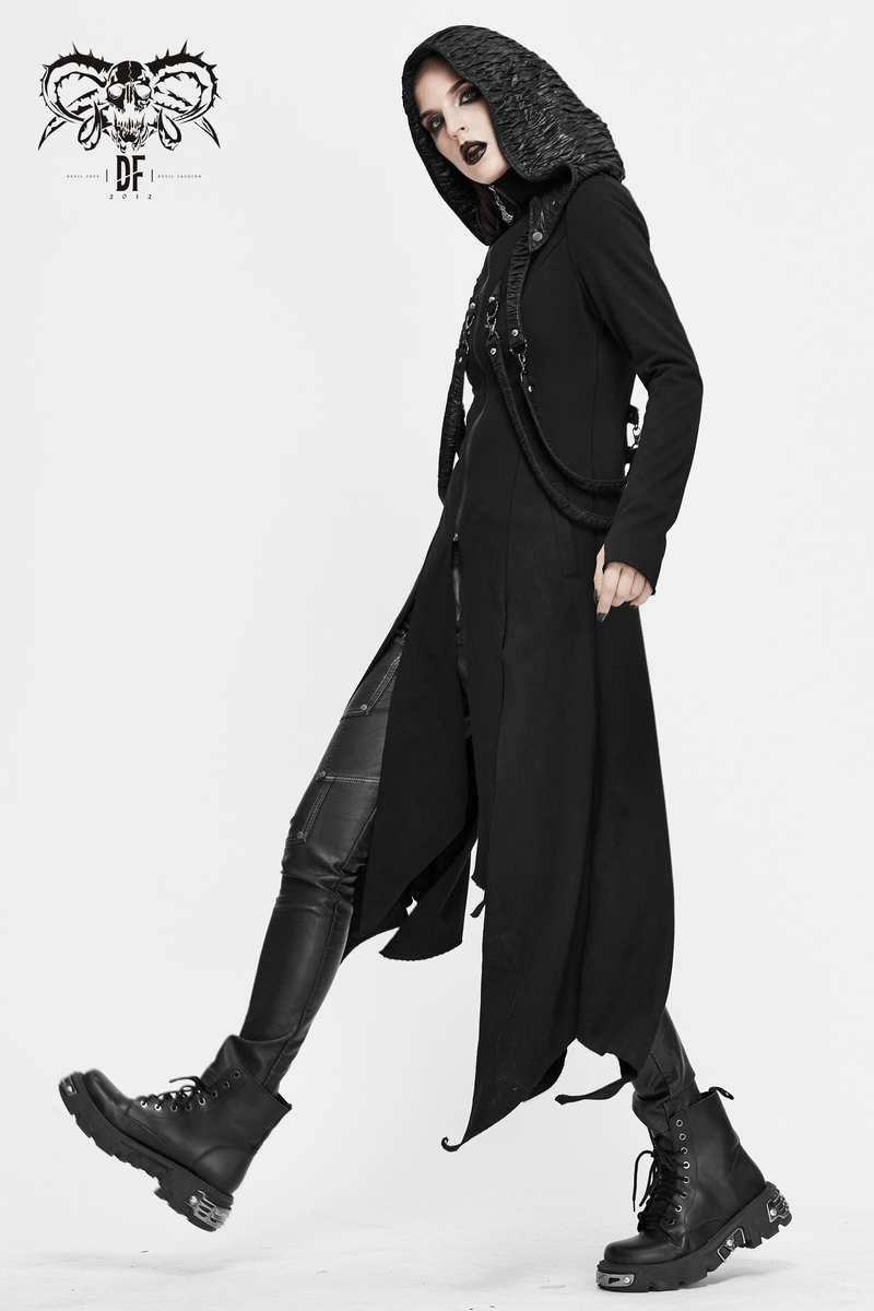Women's long black punk coat with hood, asymmetrical cut, perfect for gothic outfits and styles.
