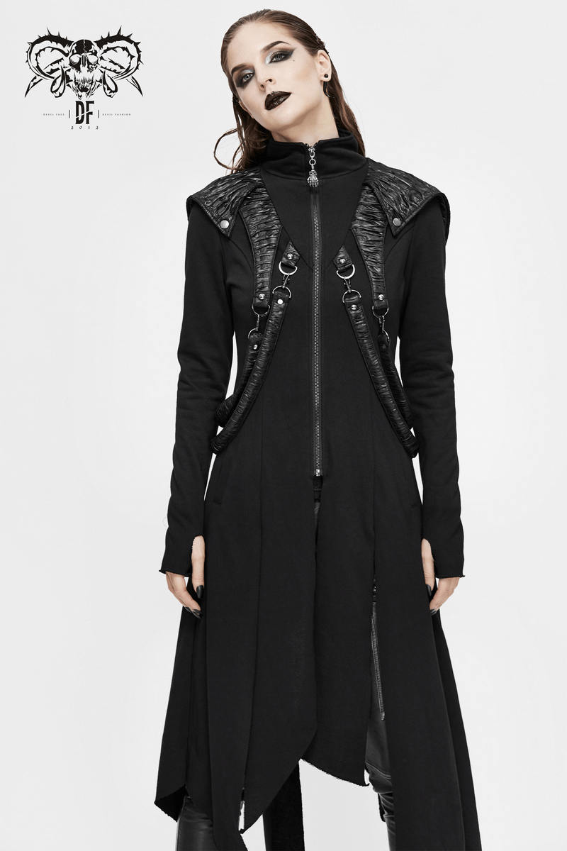 Gothic women's long black coat with asymmetrical cut and hood, featuring stylish details and edgy design.