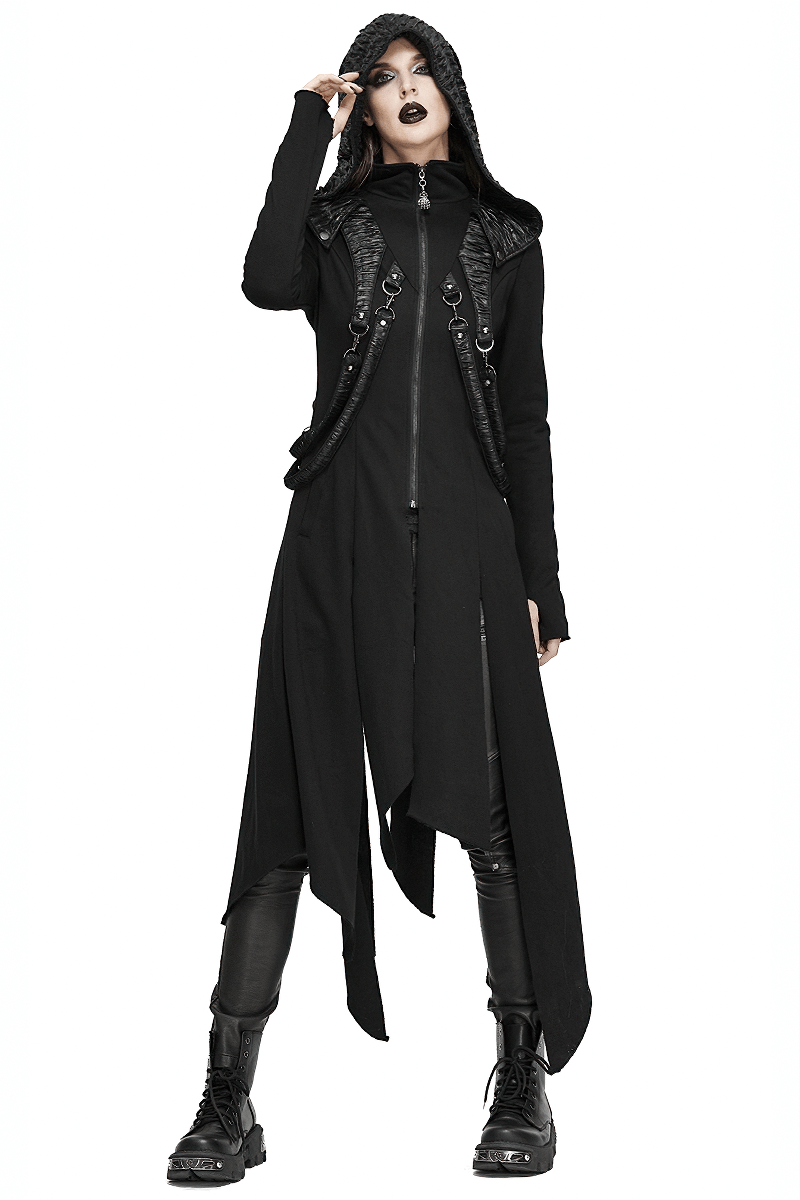 Women's Punk Hooded Waist Long Coat / Original Black Asymmetry Performance Coat - HARD'N'HEAVY