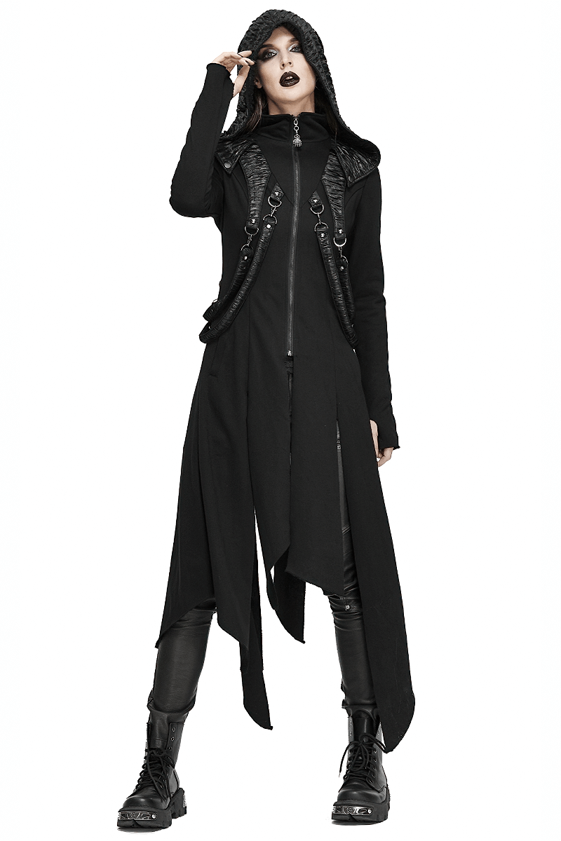Women's long black punk coat with hood, featuring asymmetrical cut and edgy style for gothic outfits.