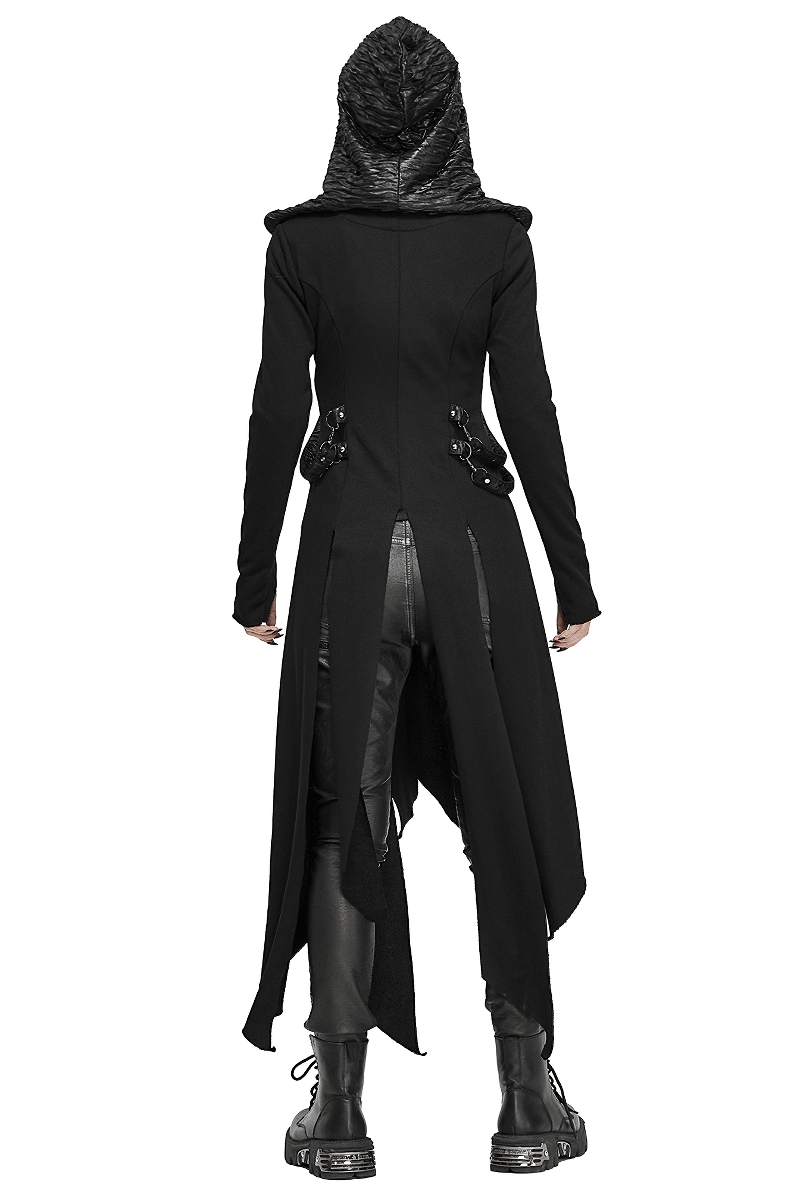 Women's Punk Hooded Waist Long Coat / Original Black Asymmetry Performance Coat - HARD'N'HEAVY