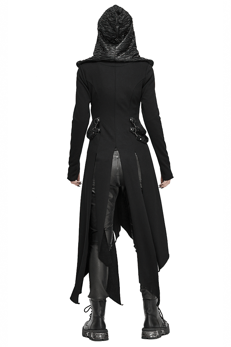Back view of a women's punk long black coat with hood and asymmetrical design, perfect for gothic fashion enthusiasts.