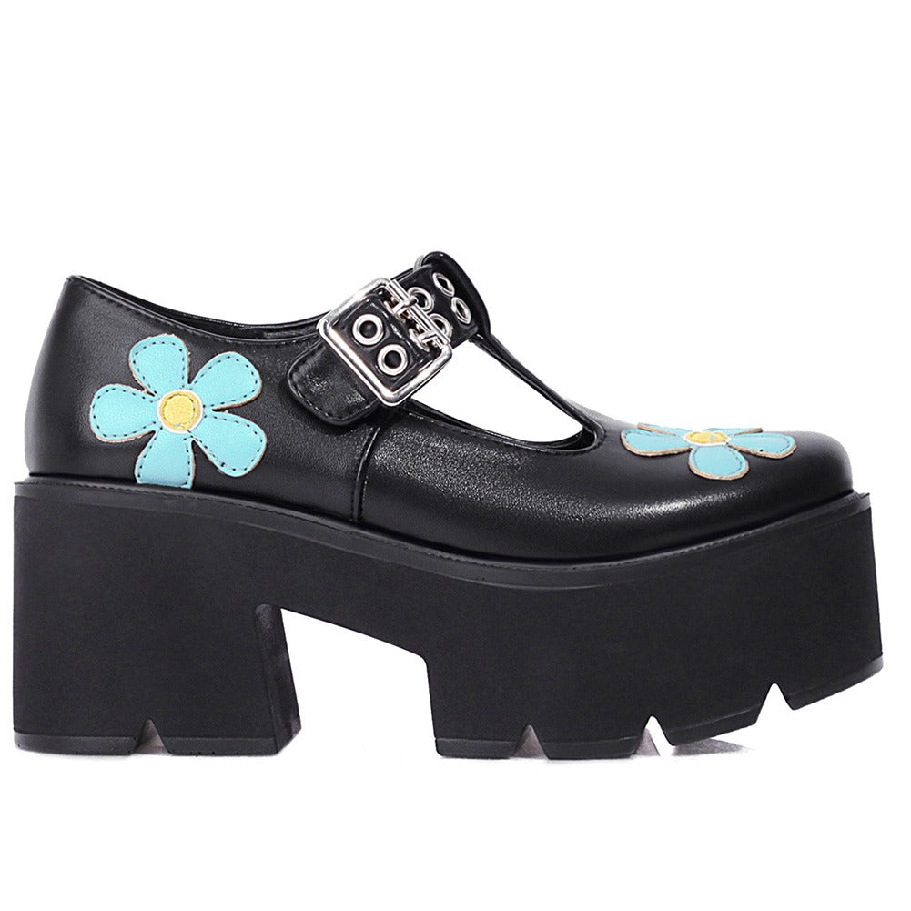 Women's punk platform pumps in black with blue flower design and chunky square heel, perfect for stylish parties.
