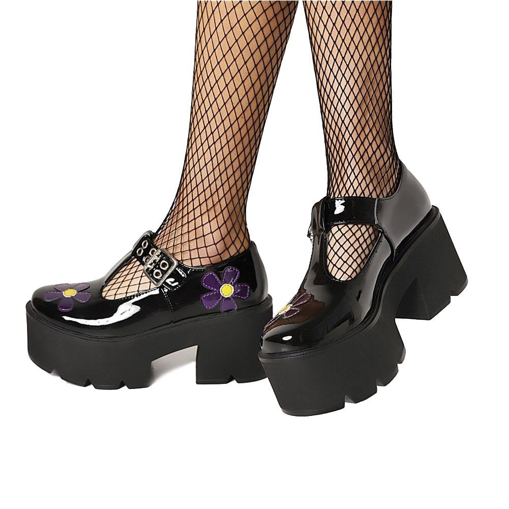 Women's punk style black platform pumps with colorful flower design and chunky heels, perfect for parties and photoshoots.
