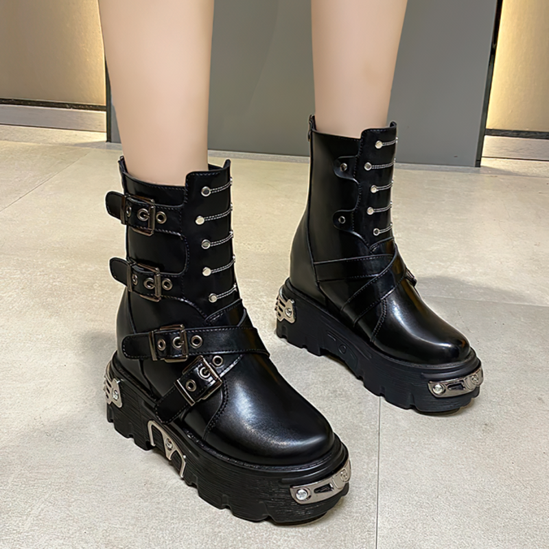Women's Punk Style Zipper Boots / PU Leather Shoes Witn Buckles / Cool Rivets Boots For Women - HARD'N'HEAVY