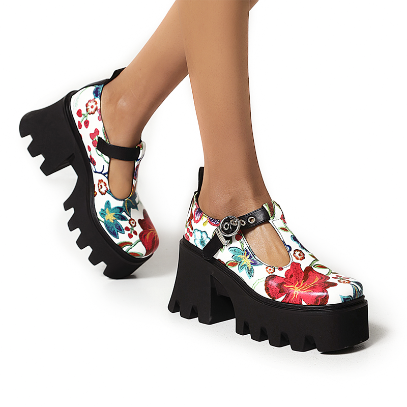 Women's PU leather platform pumps with colorful floral print and square heel, perfect for trendy outfits.