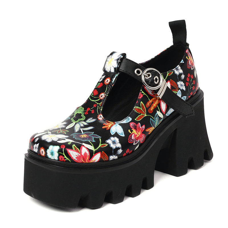 Trendy women's mixed color PU leather pumps with flower print, platform sole, and square heel.