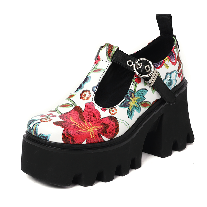 Colorful women's PU leather platform pumps with floral print and square heel, perfect for trendy outfits.