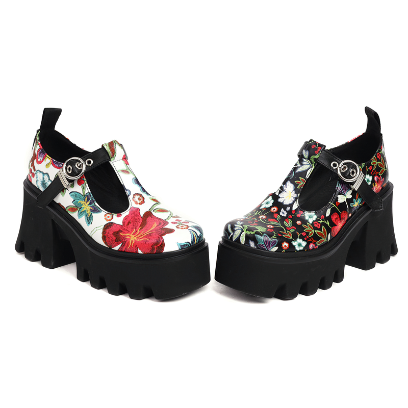 Women's PU leather platform pumps with mixed color floral prints and square heels for trendy style.