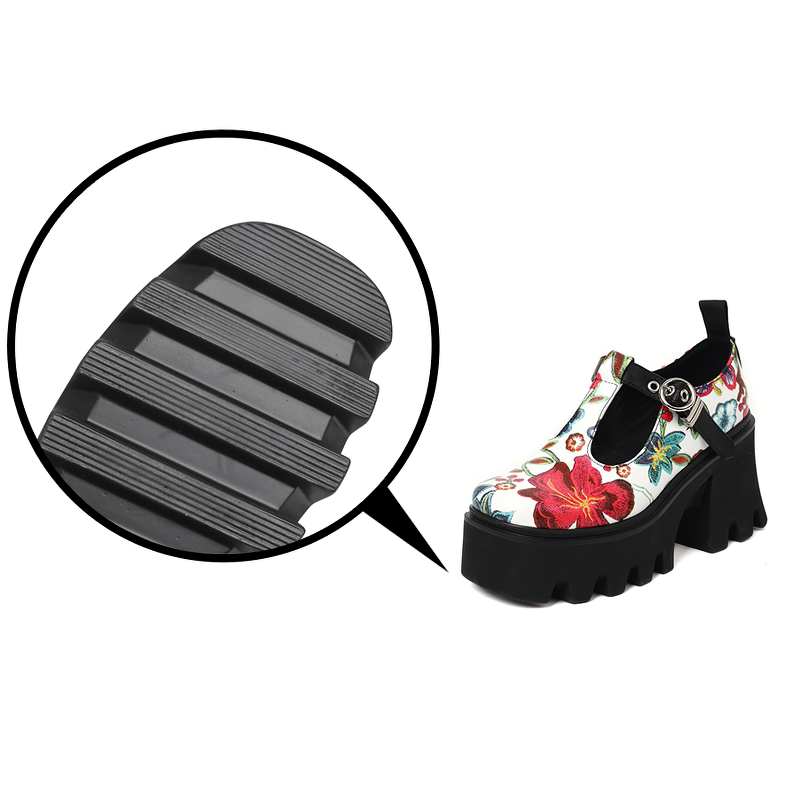 Close-up of vibrant floral print PU leather pump with a sturdy black platform sole.