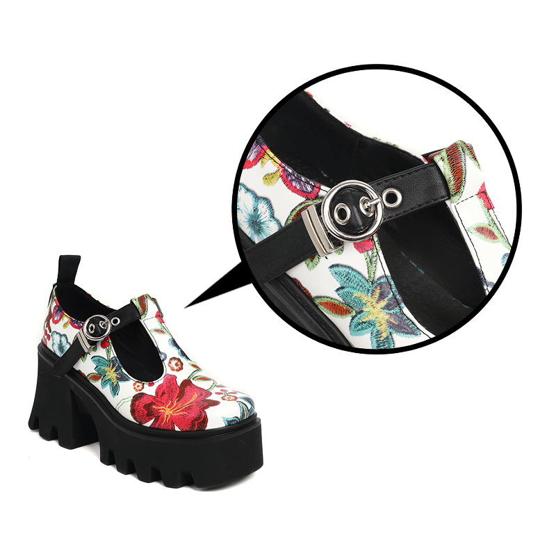 Colorful floral print PU leather pumps with platform and buckle detail, perfect for trendy footwear lovers.