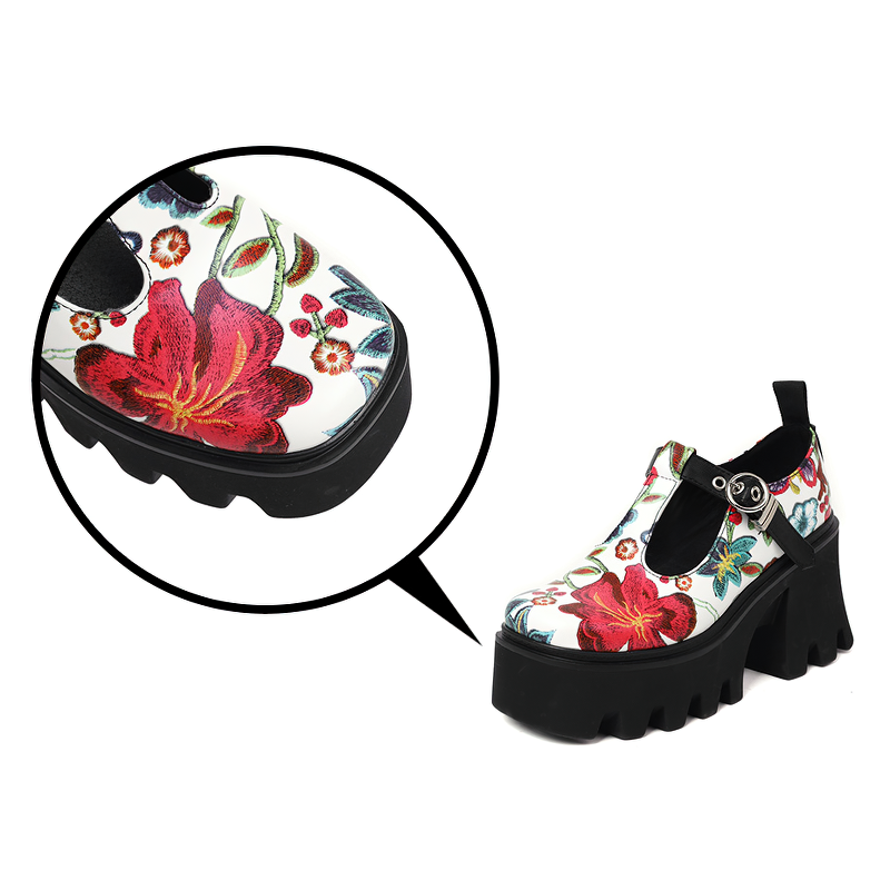 Colorful floral print PU leather pump shoes with a chunky platform and square heel, perfect for trendy outfits.