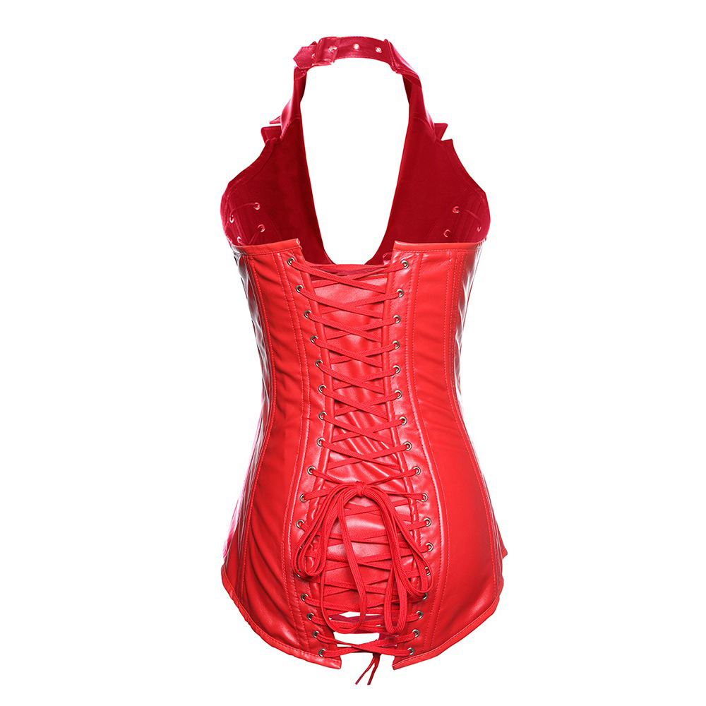 Women's Red Halter Corset With Collar / Lace-Up Steel Boned V-Neck Bustier With G-String - HARD'N'HEAVY