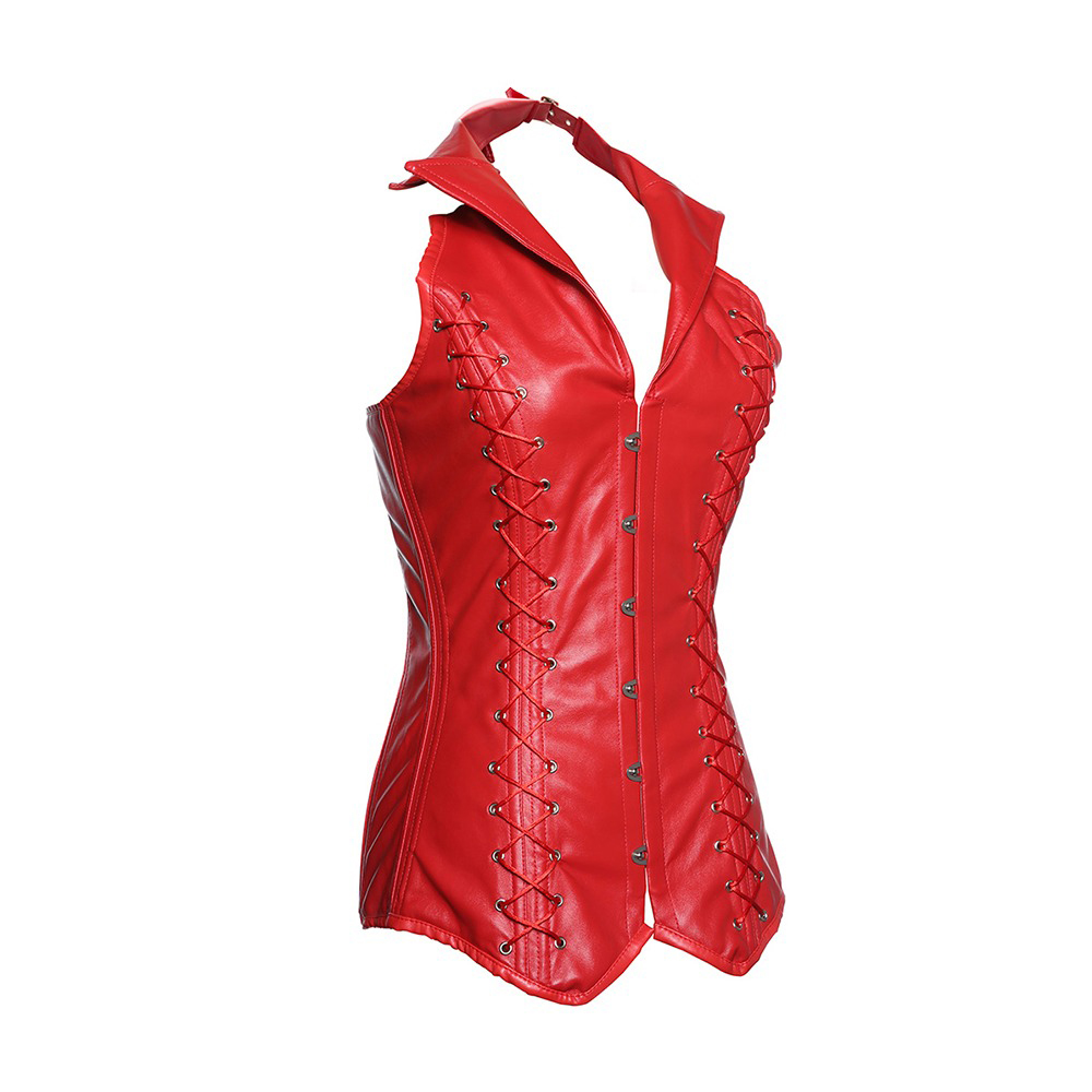 Women's Red Halter Corset With Collar / Lace-Up Steel Boned V-Neck Bustier With G-String - HARD'N'HEAVY