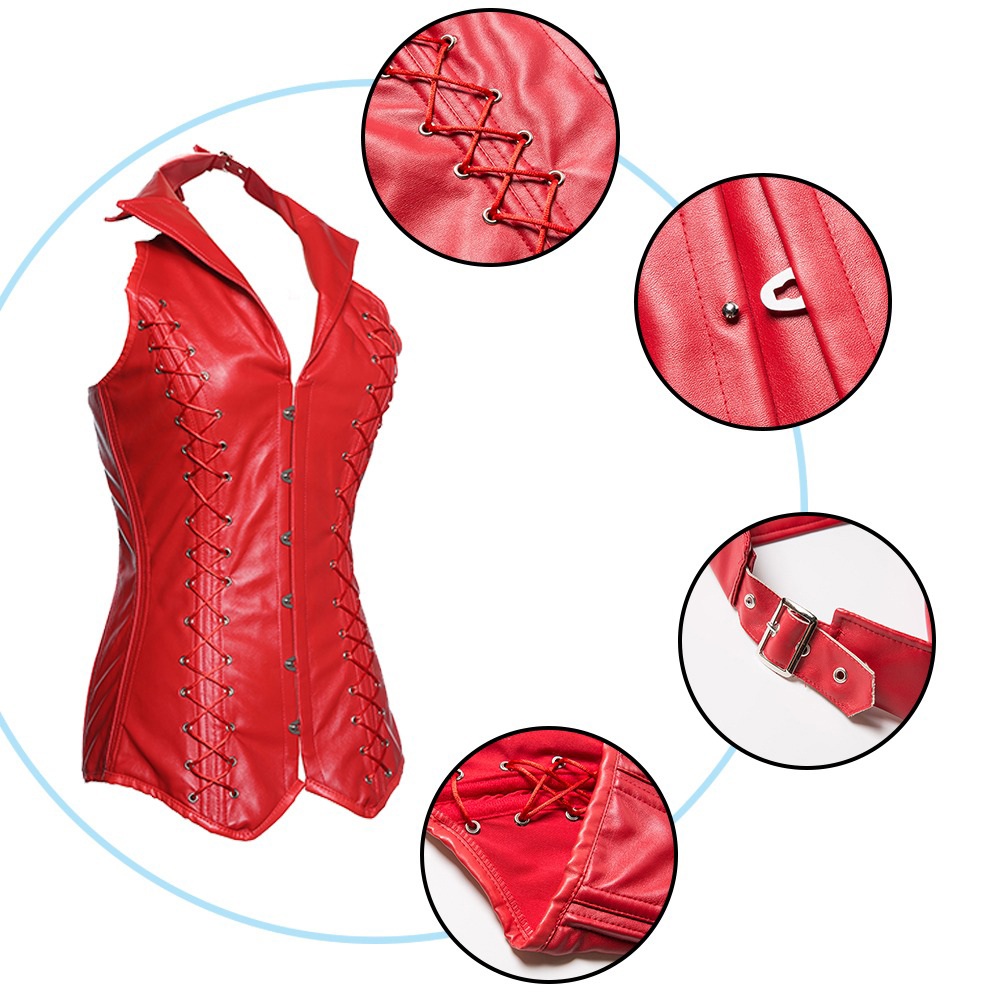 Women's red halter corset with collar; lace-up detail and adjustable fit for a steampunk style look.