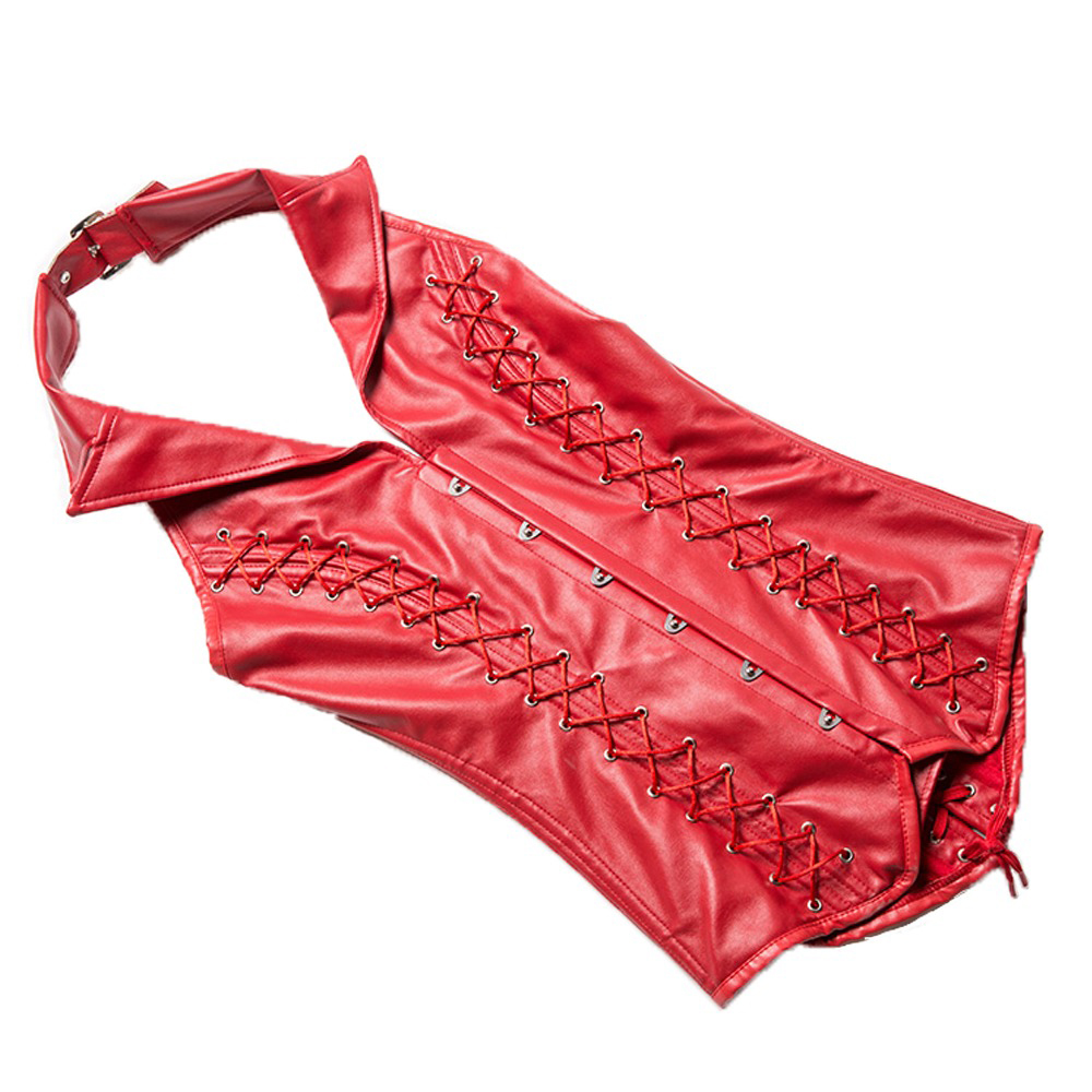 Women's red halter corset with collar, lace-up design and steel boning embracing steampunk style.
