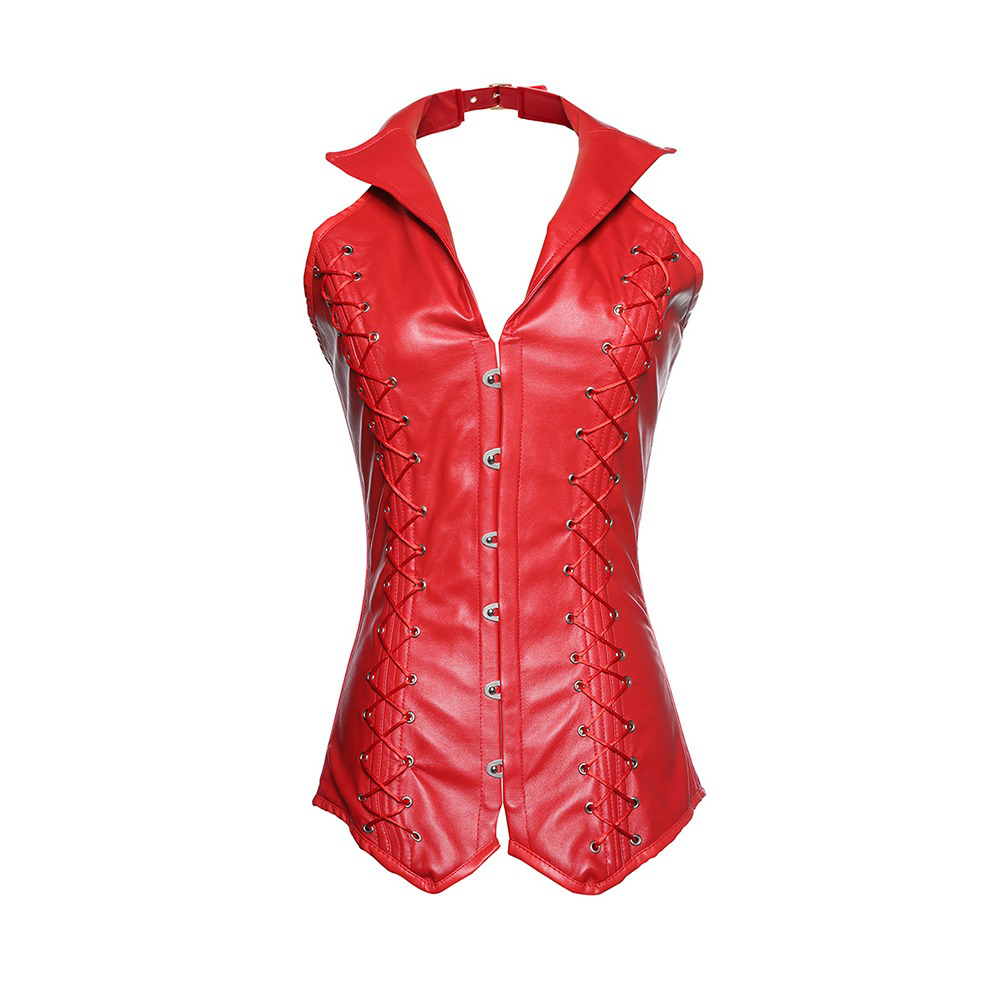 Women's red halter corset with collar, lace-up front and steel boning, steampunk style, perfect for chic outfits.