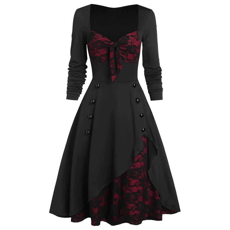 Elegant women's retro dress with lace inserts, long sleeves, and decorative buttons in black and burgundy.