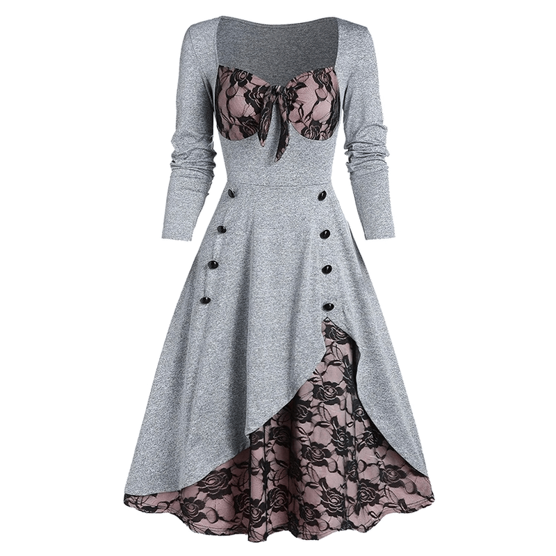 Women's vintage retro dress with lace stitching and decorated buttons, featuring square neckline and elegant design.