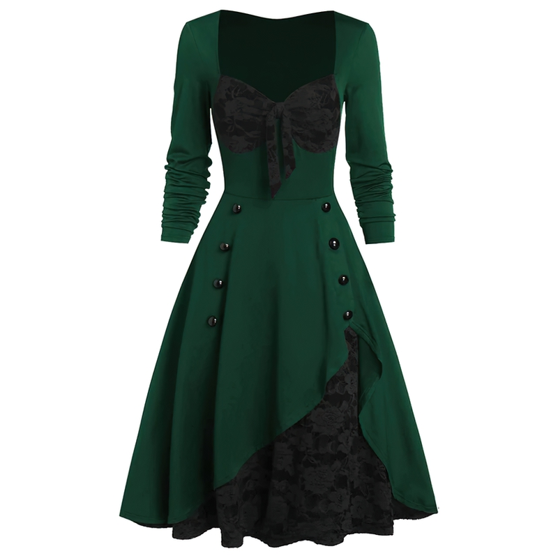 Women's Retro Dress Lace Stitching Long Sleeved / Vintage Ladies Dress with Decorated Buttons - HARD'N'HEAVY