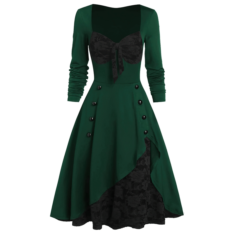 Elegant women's retro dress in dark green with lace stitching, long sleeves, and decorative buttons for a vintage look.