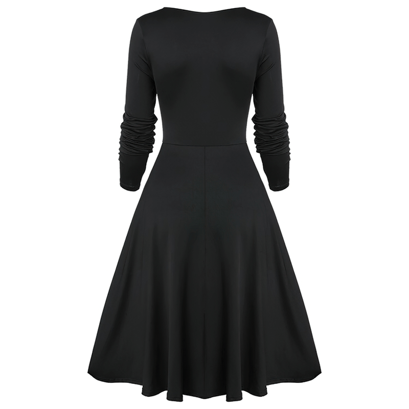 Back view of a women's retro black dress with long sleeves and a flared skirt, showcasing elegant lace detailing.