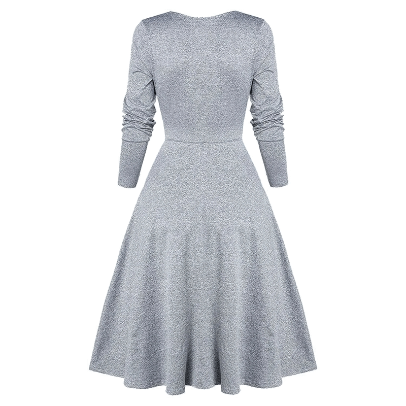 Back view of a women's retro dress with long sleeves and a flared skirt, showcasing elegant lace stitching in a silver hue.