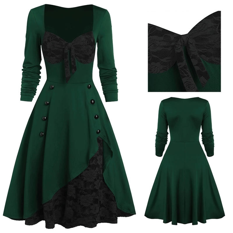 Women's retro dress in green with lace stitching, long sleeves, square neckline, and decorative buttons.