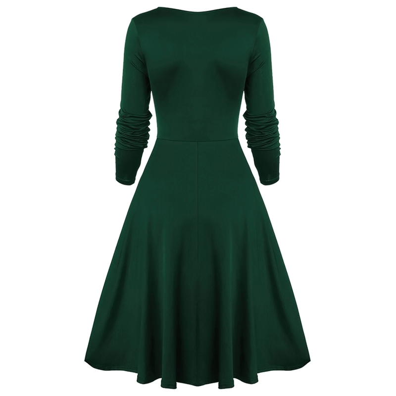 Women's retro green dress with lace stitching and long sleeves, showcasing a flattering A-line silhouette.