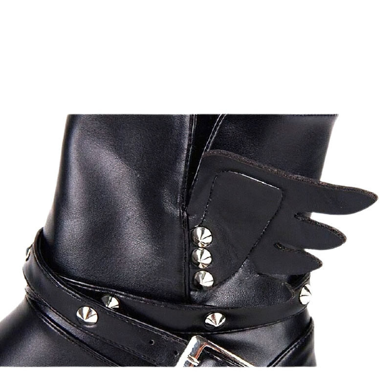 Women's Rivet Boots with Buckle Strap & Wings / PU Leather Square Heels Punk Boots - HARD'N'HEAVY