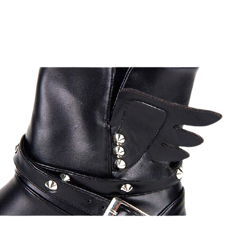 Close-up of women's punk boots featuring silver rivets and wing accents on glossy black PU leather.