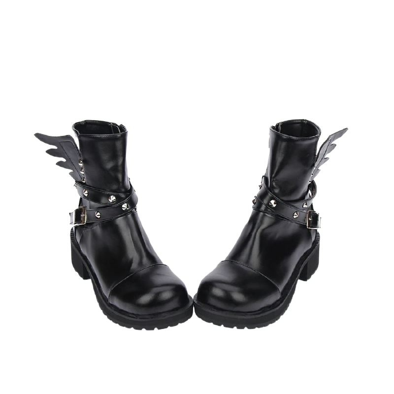 Stylish women's rivet boots with buckle strap and wing design, featuring PU leather and square medium heels.