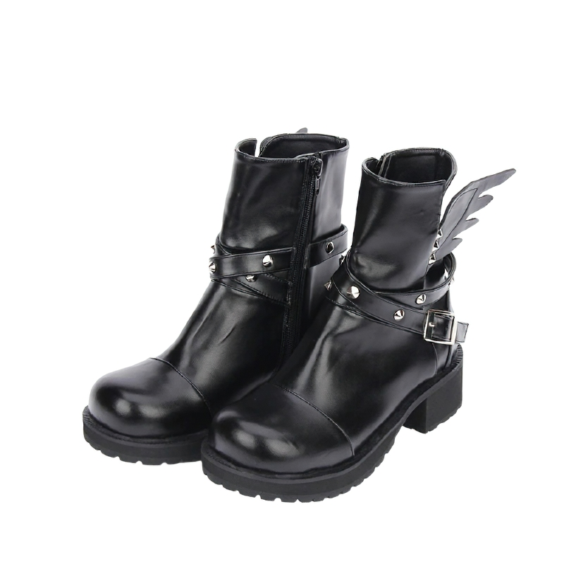 Stylish women's rivet boots in black PU leather with buckle straps and wing decoration, perfect for casual punk outfits.