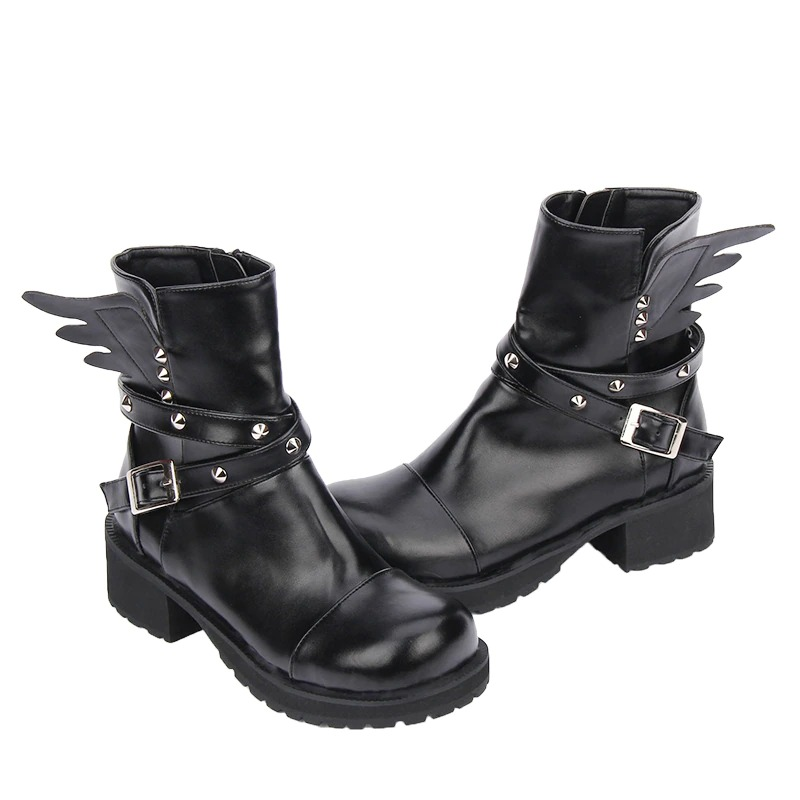 Stylish women's PU leather rivet boots with buckle strap and stylish wing design, perfect for a punk casual look.
