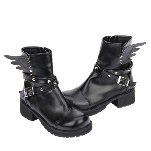 Damen-Nietenstiefel mit Schnallenriemen und Flügeln / Punk-Stiefel aus PU-Leder mit quadratischem Absatz 