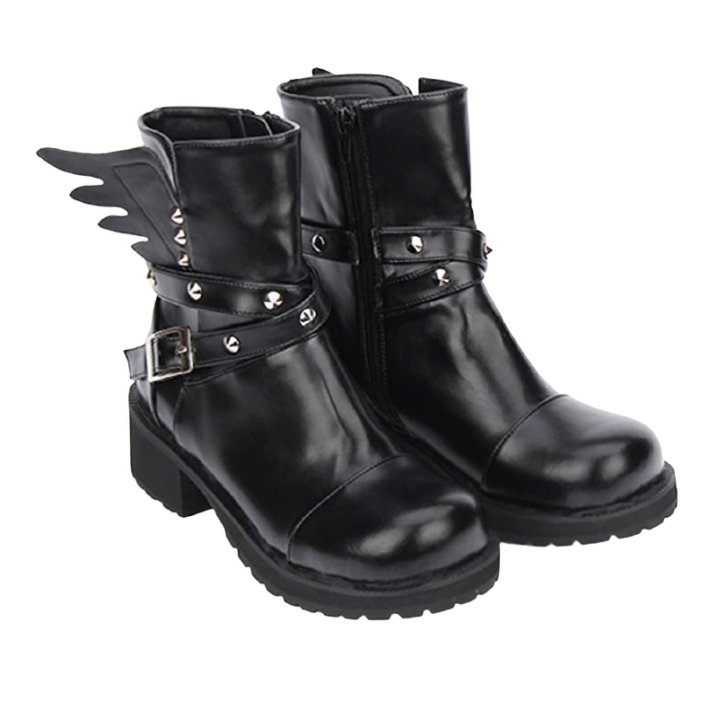 Stylish women's rivet boots with buckle strap and wing details, made of PU leather with medium square heels.