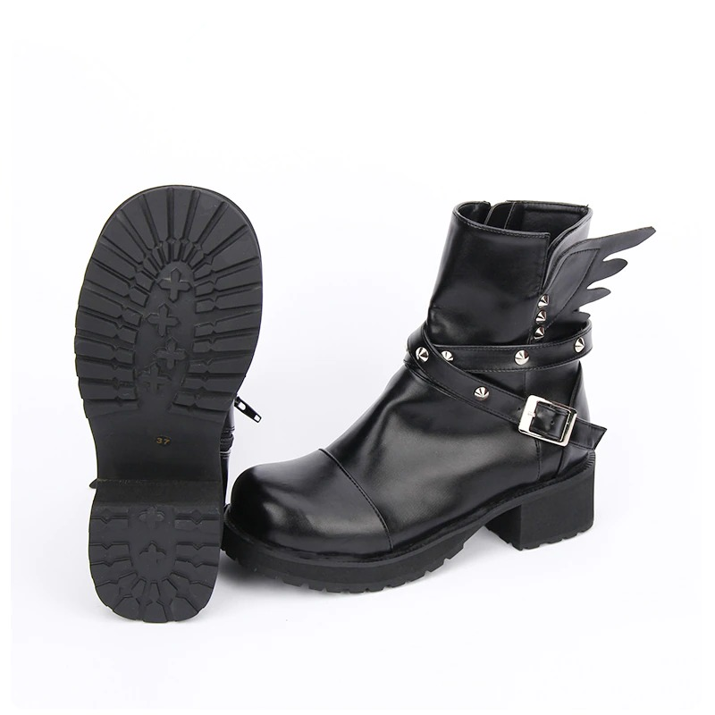 Stylish women's black PU leather rivet boots with buckle strap and wing design, featuring medium square heels.