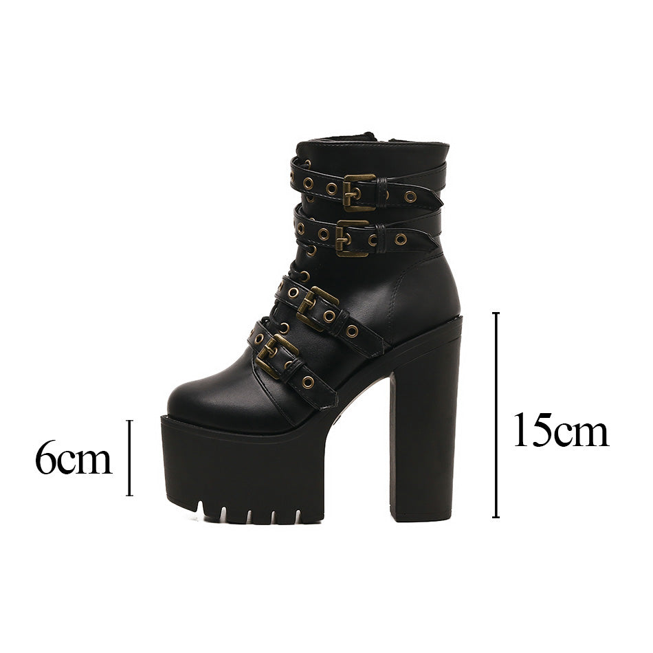 Women's gothic rivet platform boots with thick heel, featuring multiple buckles and a stylish design.