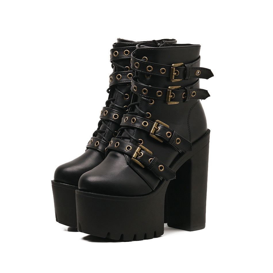 Women's gothic rivet platform boots with thick heel, laces, and metal buckles for stylish winter footwear.