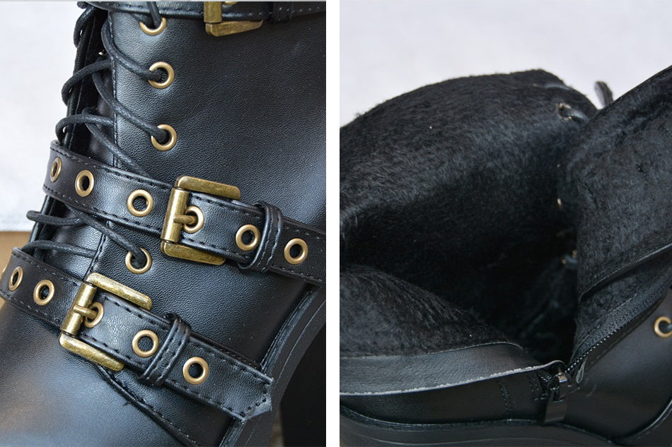 Close-up of stylish black rivet boots featuring metal buckles, laces, and a cozy interior, perfect for gothic outfits.
