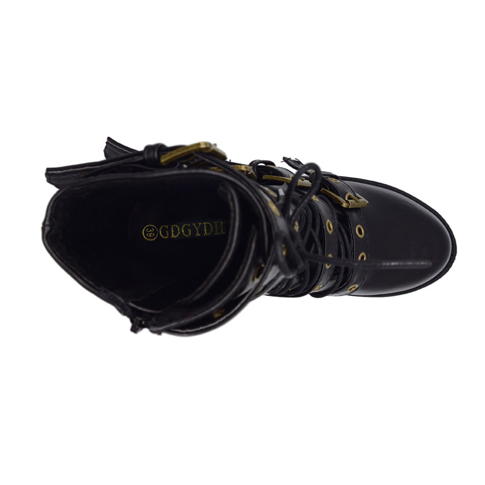Top view of women's gothic rivet platform boots with thick heel and laces, perfect for stylish winter outfits.