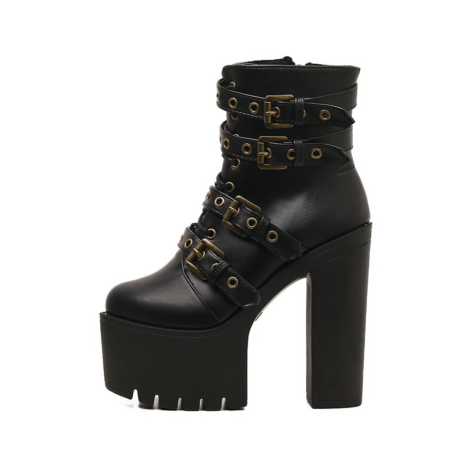 Stylish black platform mid-calf boots with rivets and thick heel, perfect for gothic outfits and all-weather wear.