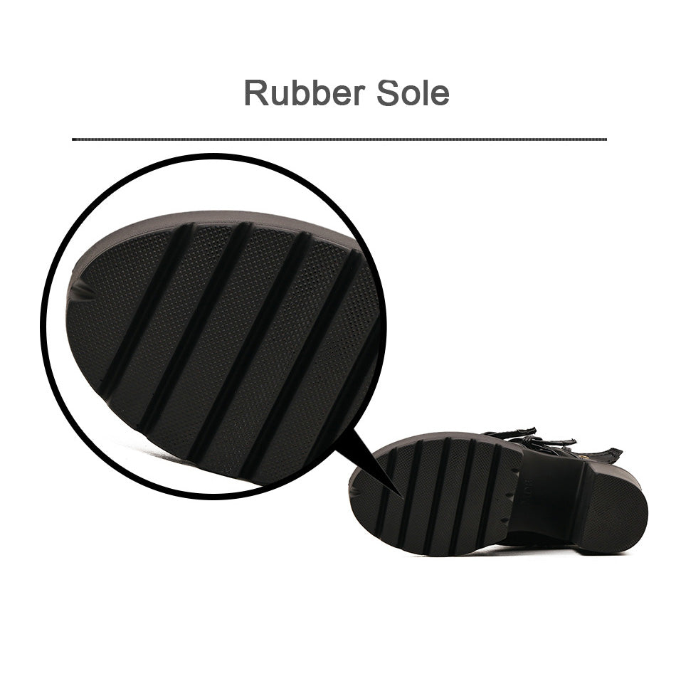 Close-up of a black rubber sole for waterproof thick heel boots featuring textured grip and durability.