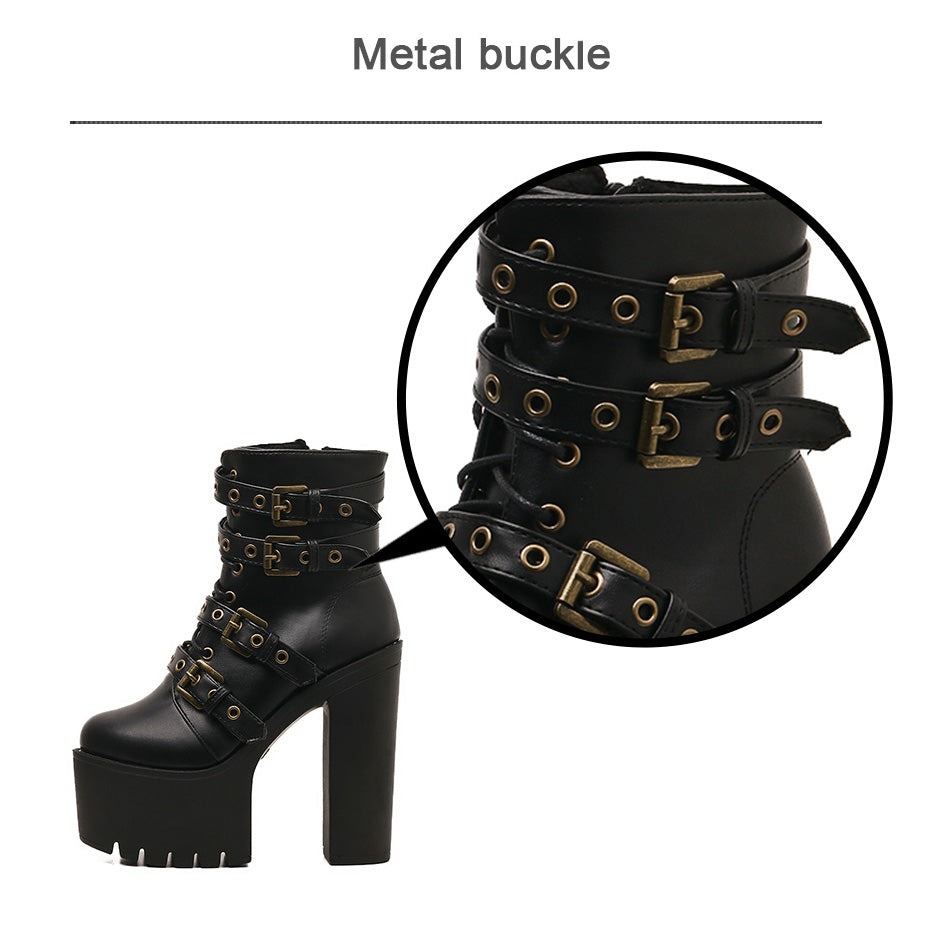Close-up of women's black rivet boots featuring stylish metal buckles and thick platform heels.