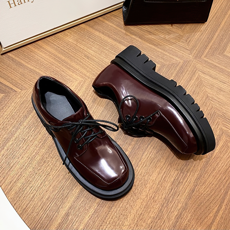 Women's Round Toe Leather Shoes / Stylish Laces up Square Heel Shoes - HARD'N'HEAVY
