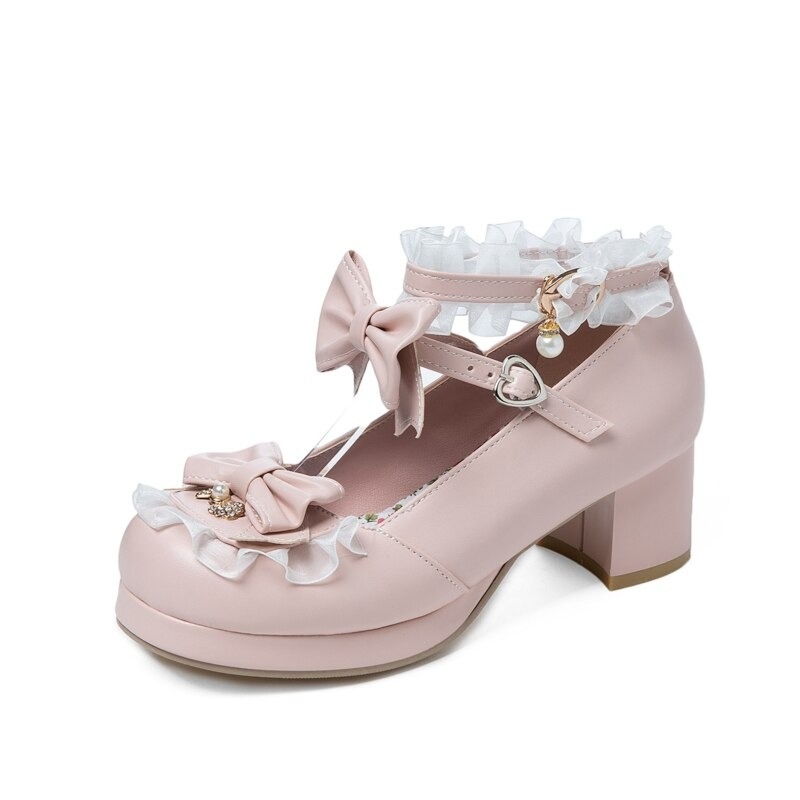 Cute pink round toe sandals with bow buckle and ruffled details, perfect for cosplay and Mary Jane-inspired outfits.