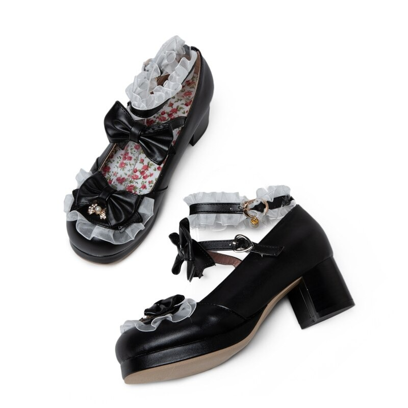 Cute black round toe Mary Jane sandals with bows and ruffle details, perfect for cosplay or special occasions.