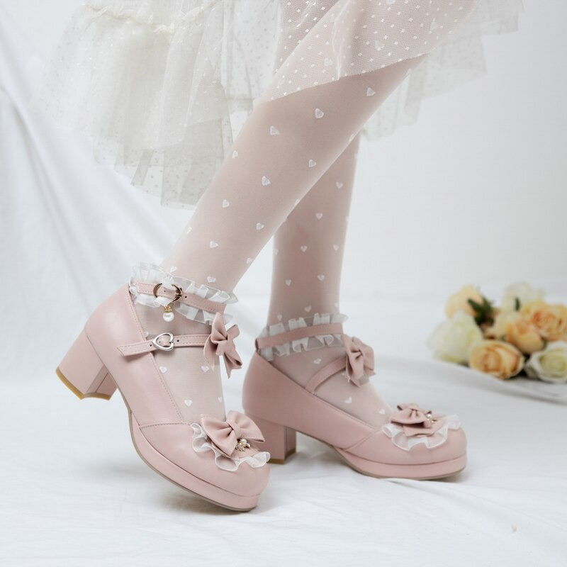 Cute pink round toe sandals with bow buckle, perfect for Mary Jane cosplay outfits and stylish occasions.
