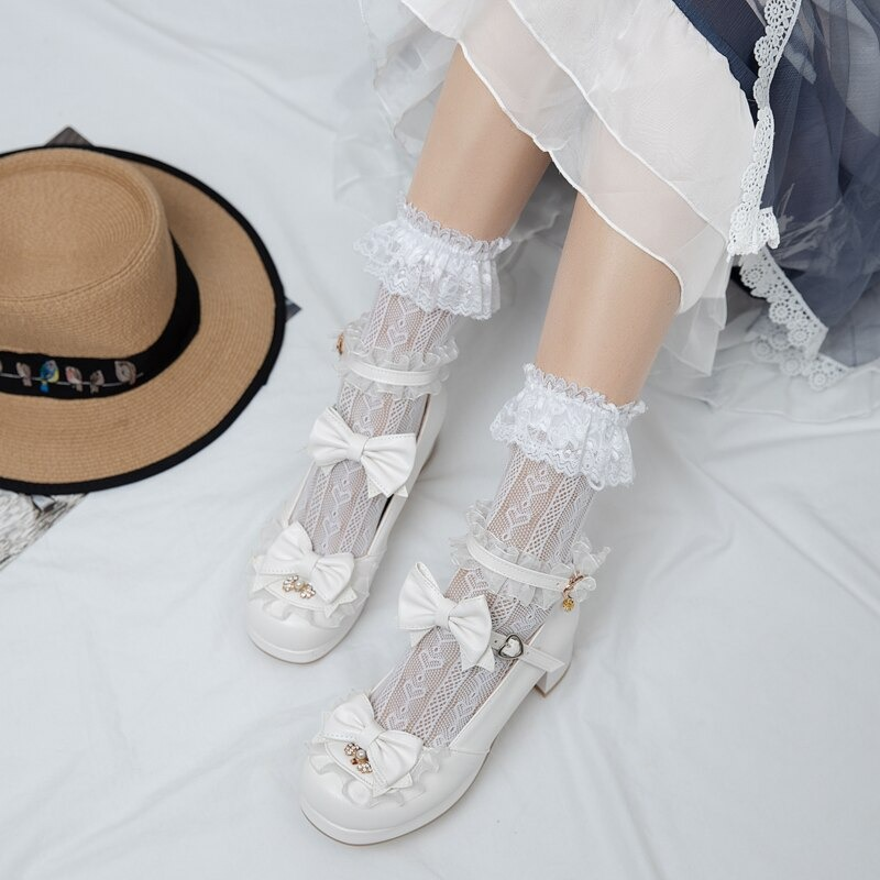 Women's round toe sandals with bow buckles and lace socks, perfect for cosplay and cute outfits.