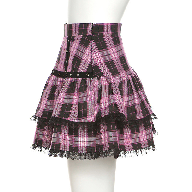 Women's ruffled high waist plaid mini skirt in pink and black, perfect for gothic and alternative fashion outfits.